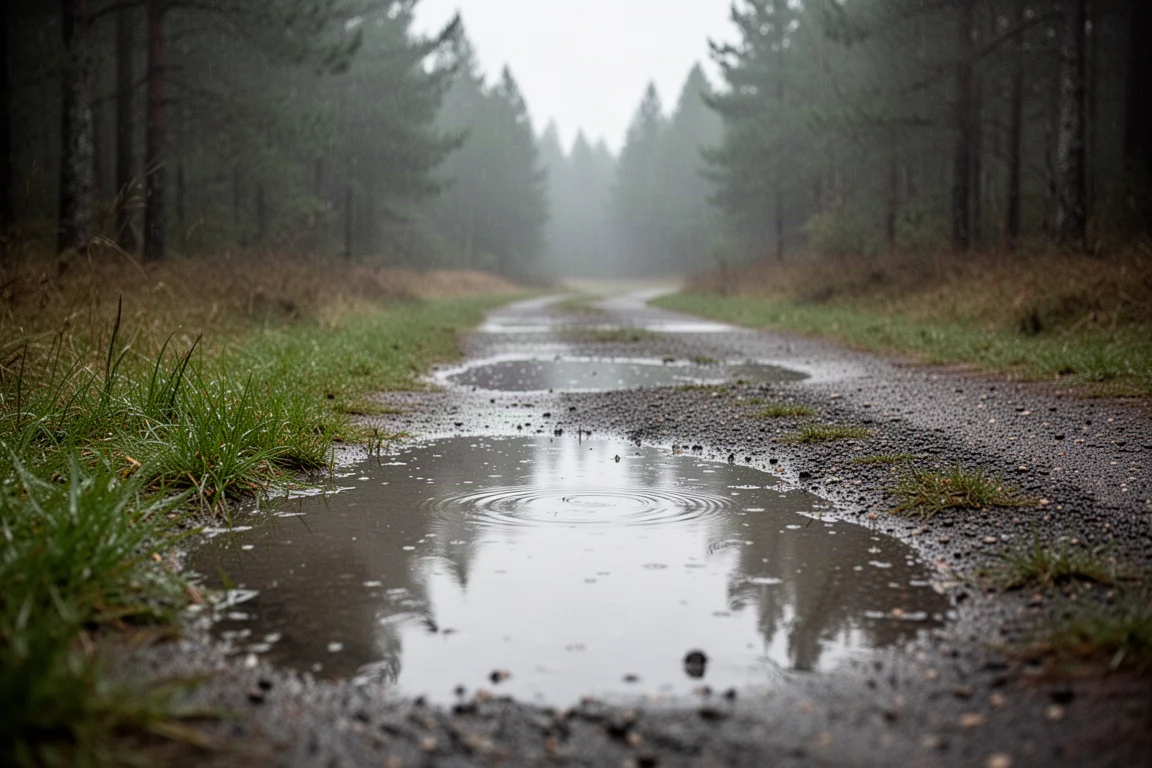 Puddle and wet grass on a runnable forest marathon course