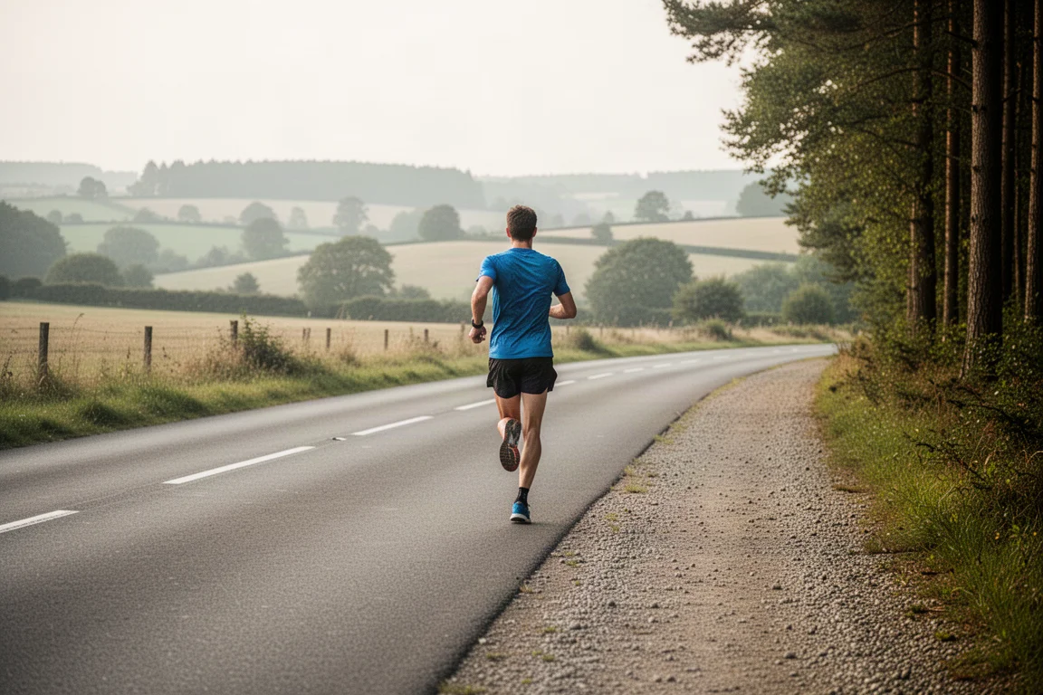 Trail runner finishing stretch of road section during a mixed terrain marathon