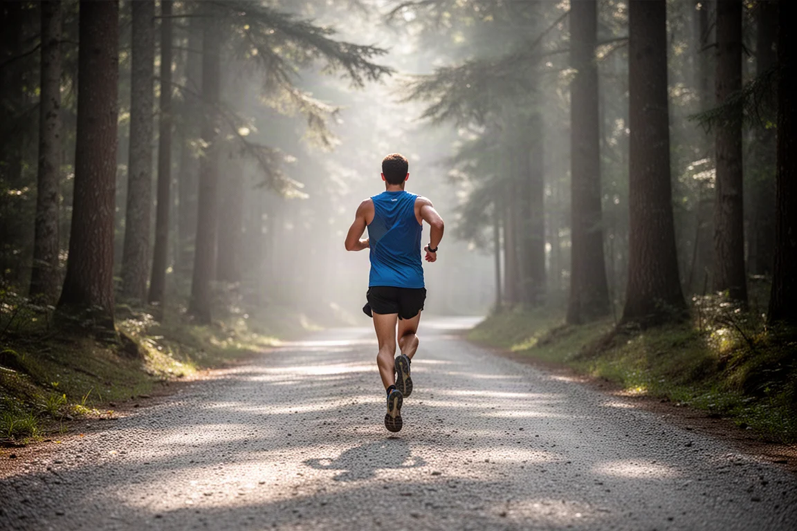 Trailrunner bewegt sich zügig auf einem breitbandigen Waldkiesweg im Morgenlicht