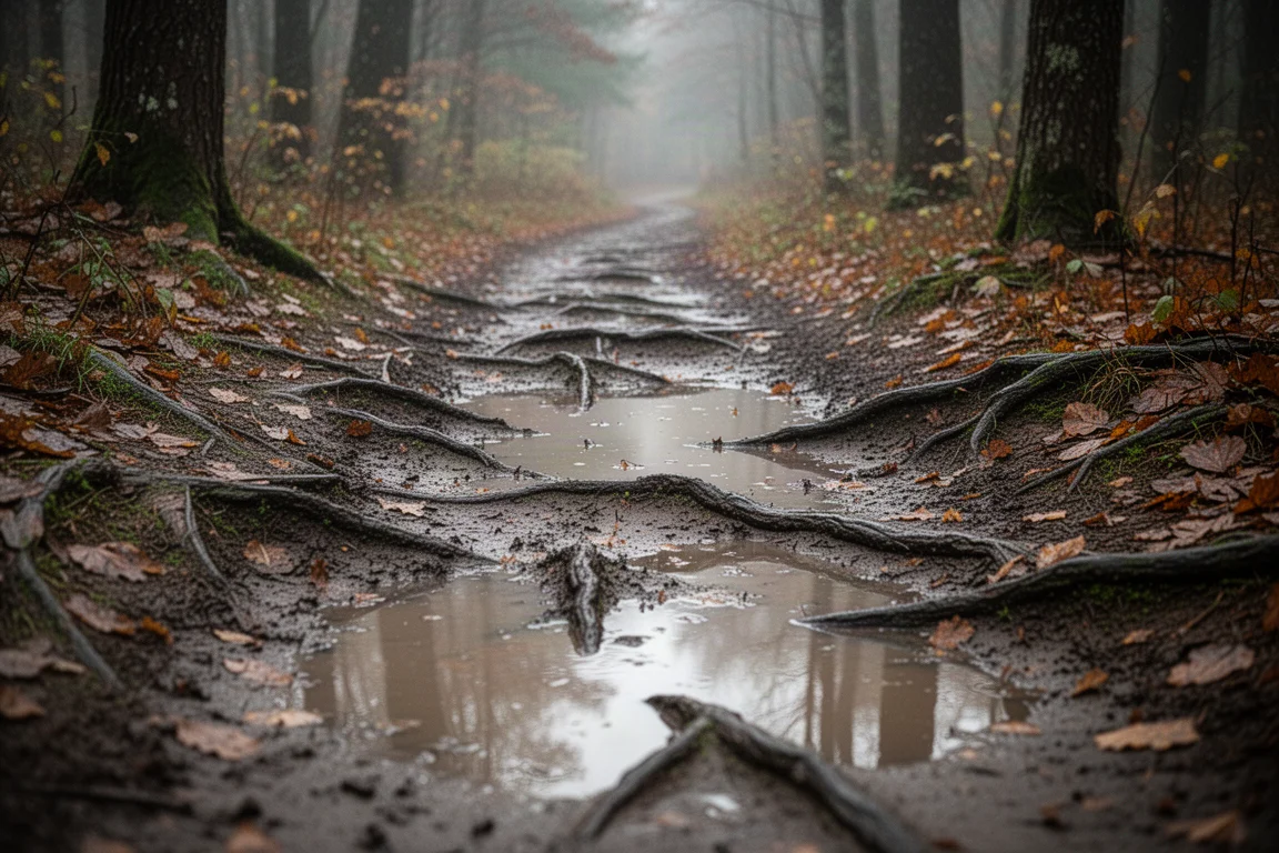 Nasser, matschiger Waldweg mit rutschigen Wurzeln und schlechter Sicht bei trübem Licht