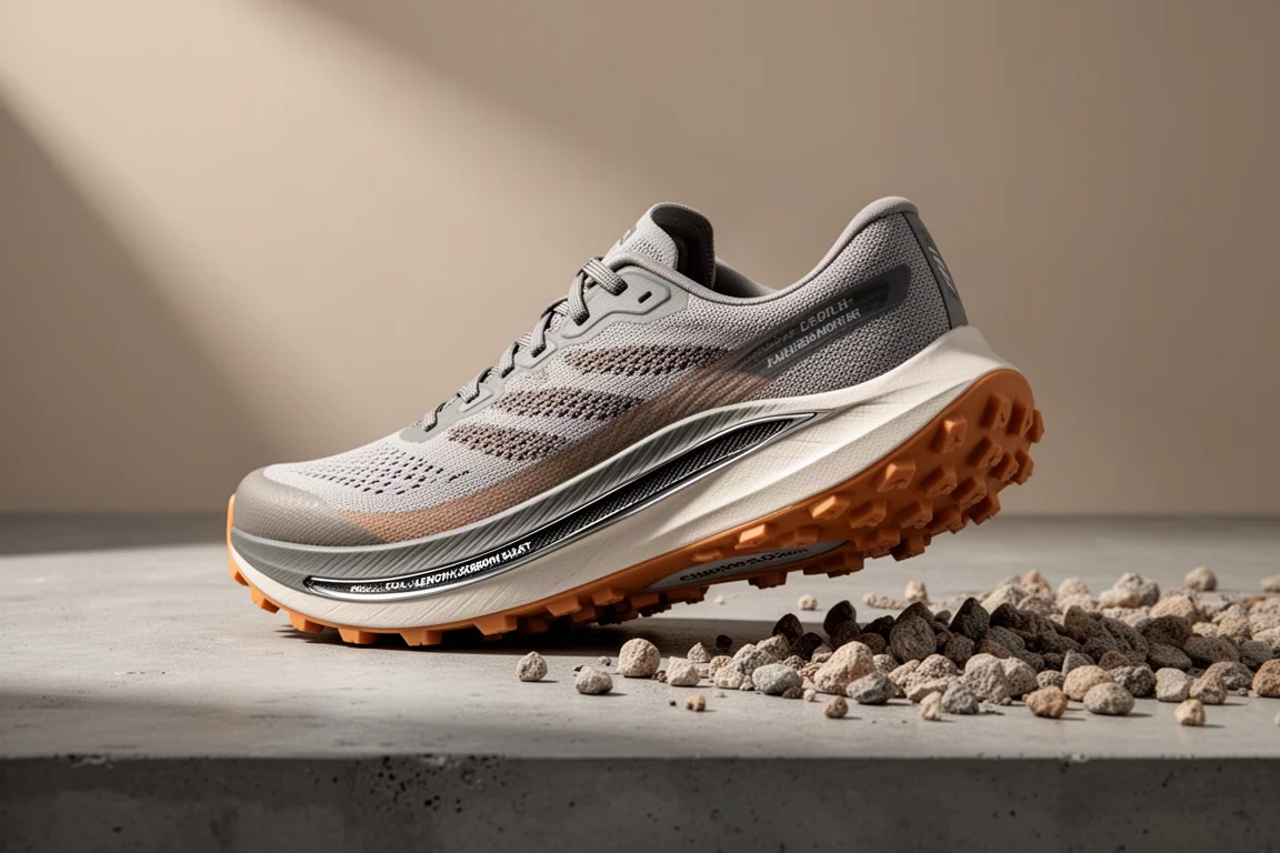 ASICS Meta Fuji Trail shoe with tall midsole and shallow lugs on concrete