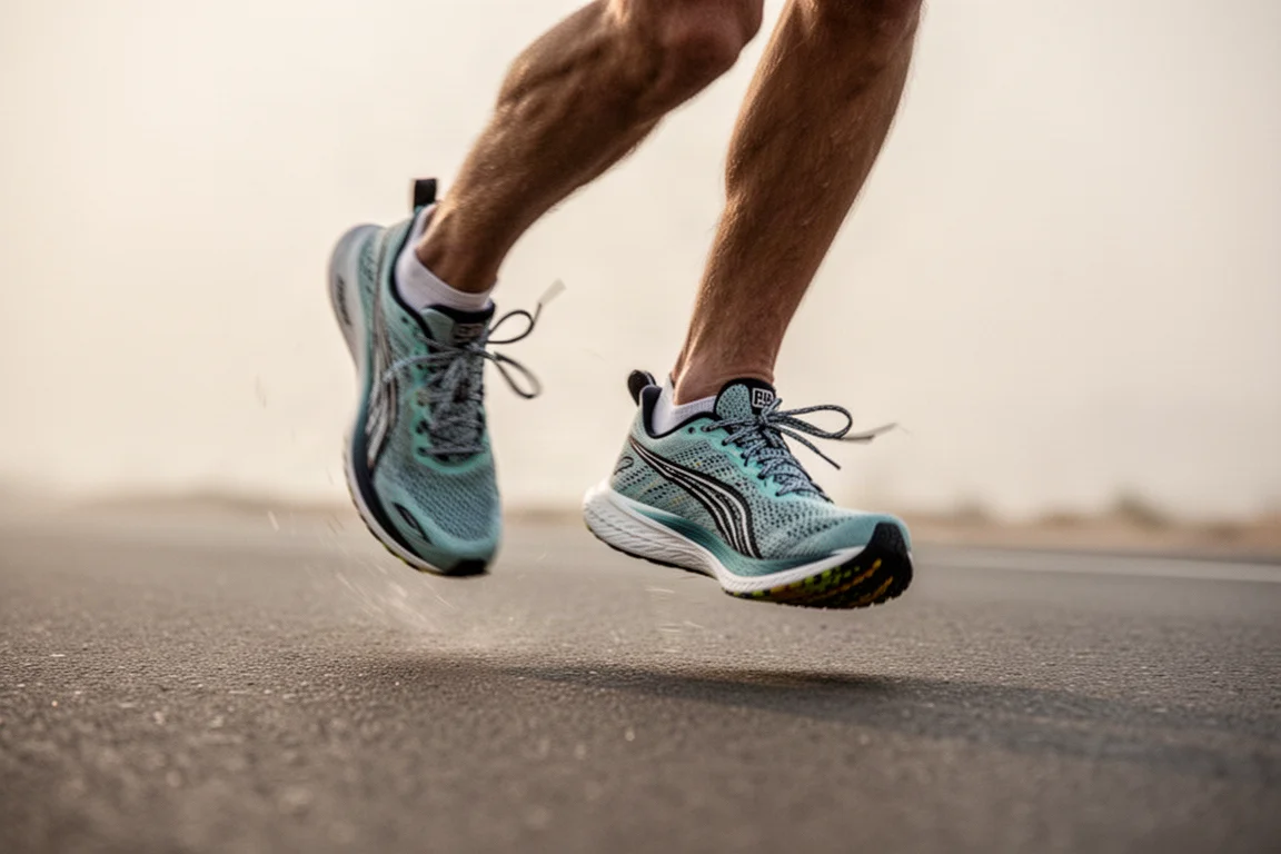 Pés de um corredor em tênis de corrida tocando o asfalto com cadência rápida