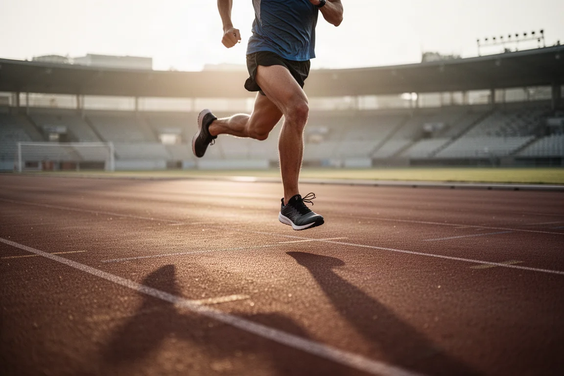 Hardloper met lange passen op een lege atletiekbaan in zacht ochtendlicht