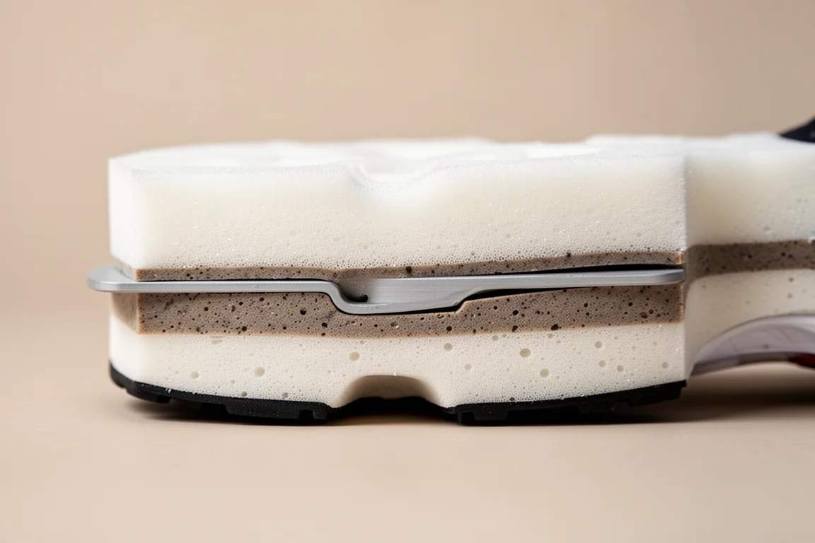 Close-up van de tussenzool van een racingschooen met gelaagd foam en de plaatsing van de plate