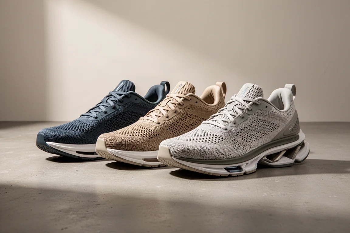 Three ASICS racing shoes with thick midsoles arranged on a concrete surface