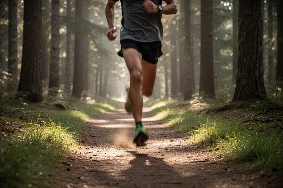 Corredor de trail avanzando a buen ritmo por un sendero firme de bosque con luz matinal