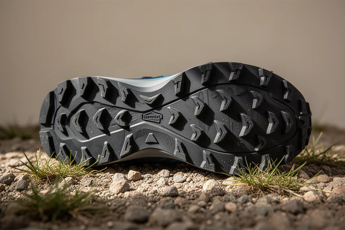Primer plano de la suela de una zapatilla de trail con tacos poco profundos apoyada sobre grava compactada