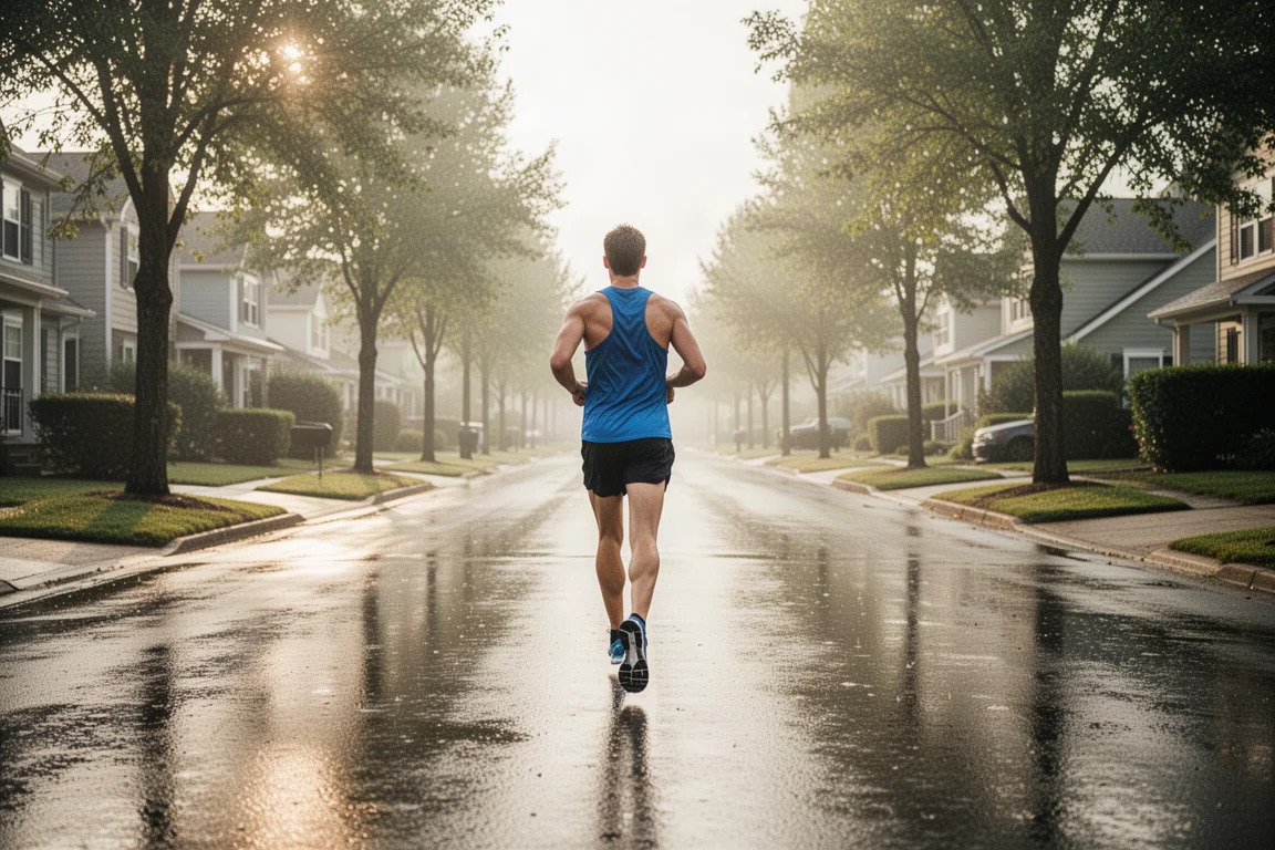 Corredor partindo para uma corrida de maratona nas primeiras horas da manhã por ruas de cidade silenciosas