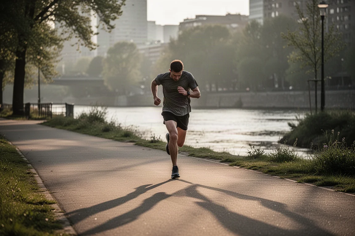 Corredor cansado reduzindo a um ritmo leve em um caminho urbano longo durante uma maratona