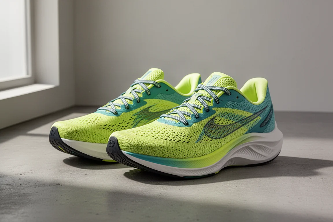 Pair of lightweight road running shoes with cushioned midsoles on concrete