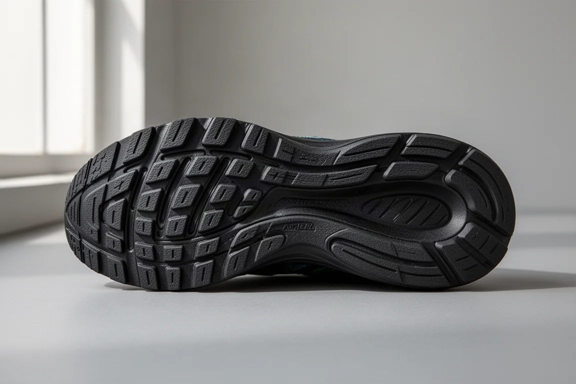 Close-up of a scooped carbon plate midsole on a racing shoe