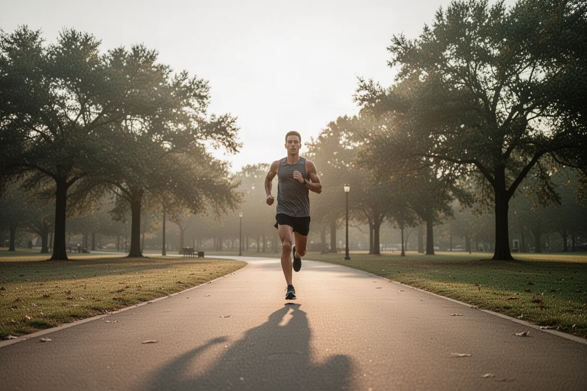 Läuferin oder Läufer warmet beim Aufwärmen auf einer flachen Parkrunde im frühen Morgenlicht