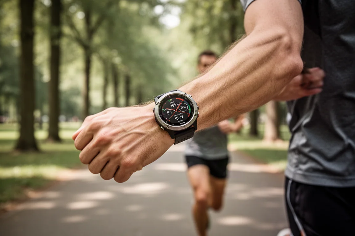 GPS-Uhr am Handgelenk zeigt laufendes Tracking auf einem Parkweg