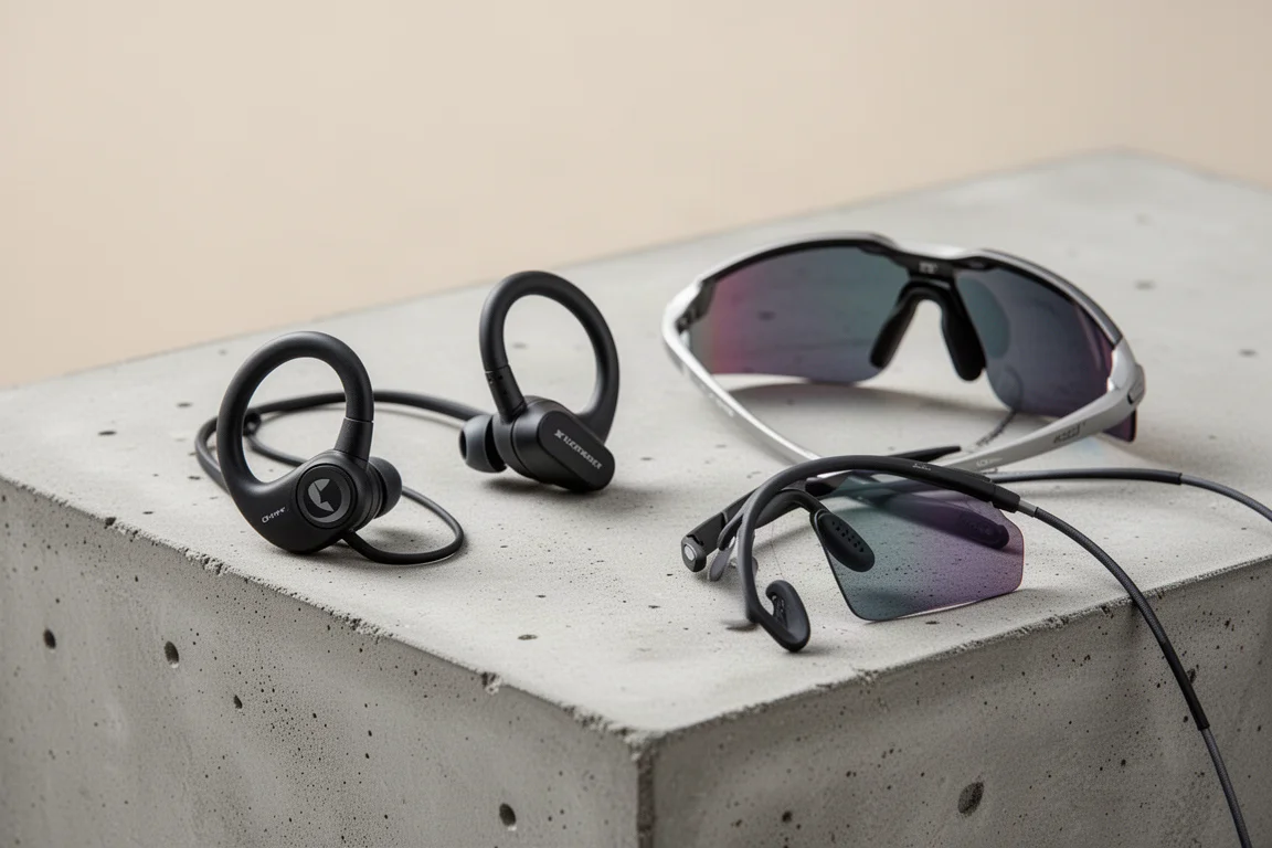 Open-Ear-Kopfhörer mit Haken-Design liegen auf einer flachen Fläche neben einer Sonnenbrille