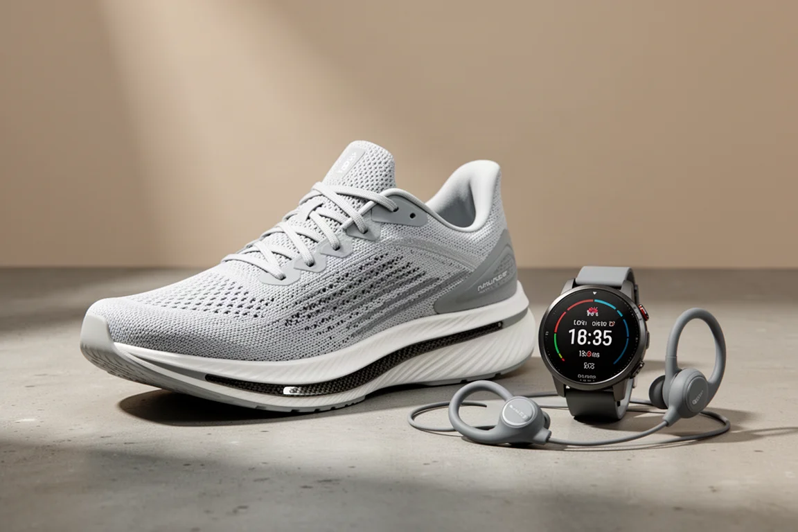 Racing shoe, GPS sports watch and open-ear headphones arranged on a concrete surface