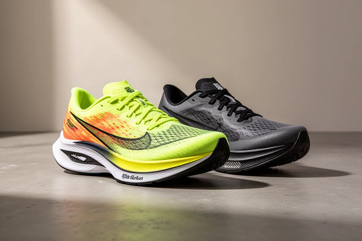 Two lightweight carbon-plated racing shoes side by side on concrete