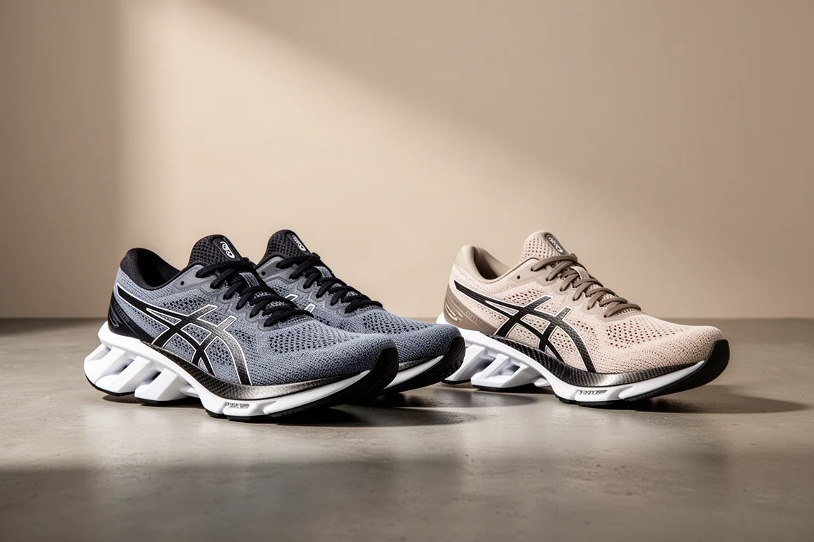 Due scarpe da gara ASICS Metaspeed affiancate su una superficie in cemento