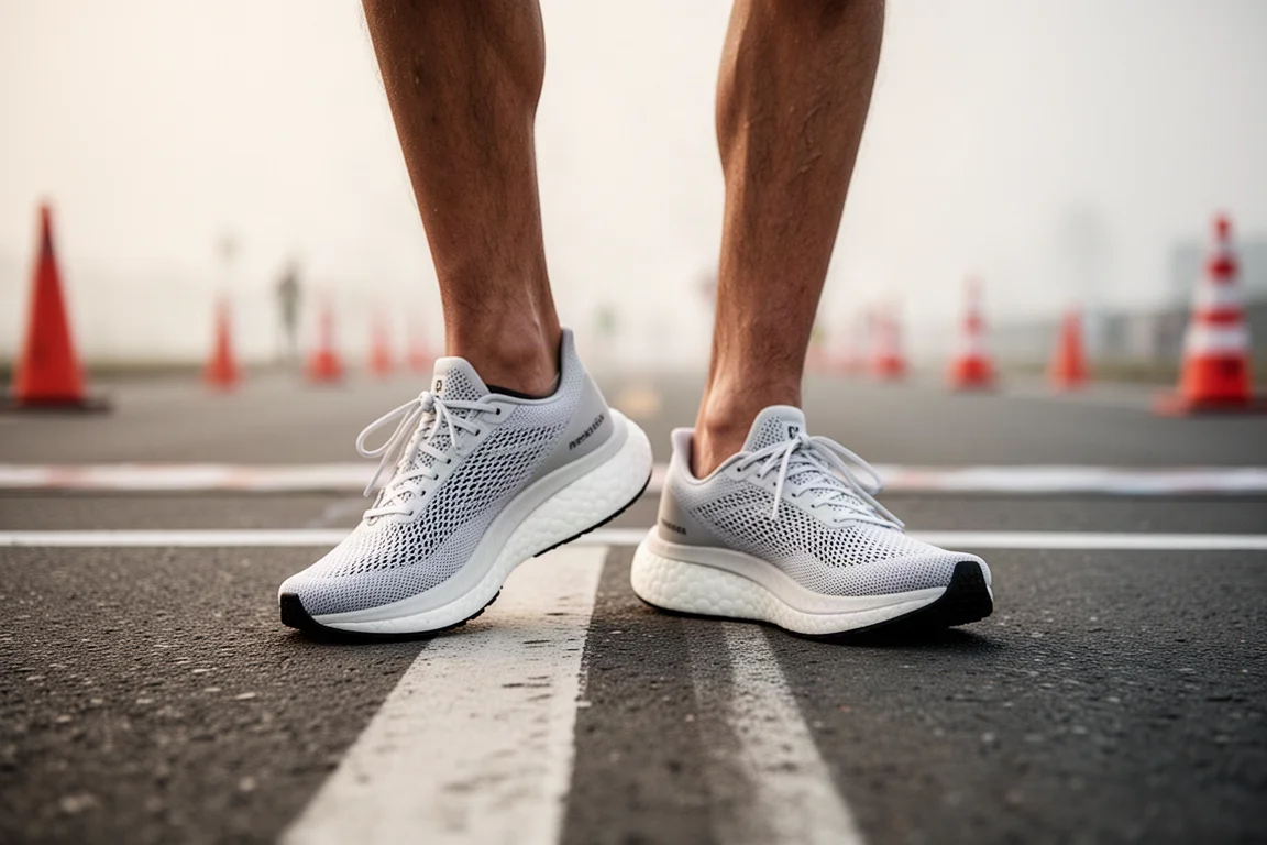 Pies de un corredor con zapatillas de competición ligeras en la línea de salida de una carrera en carretera