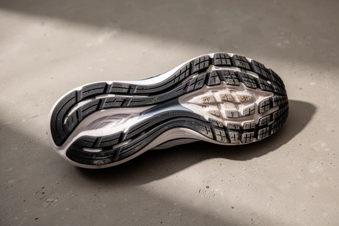 Suela desgastada de una zapatilla de running que muestra un desgaste mínimo tras muchas millas
