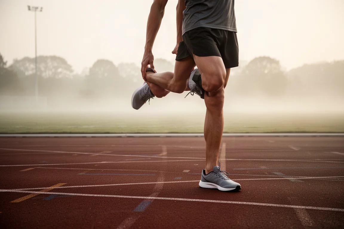 跑者在柔和晨光中于跑道旁拉伸小腿