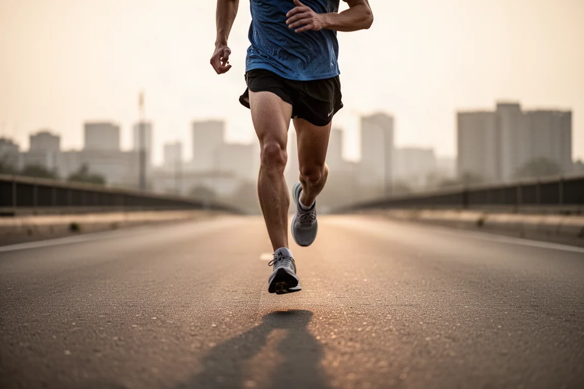 Hardloper cruist door een tempotraining op een open weg in het vroege avondlicht