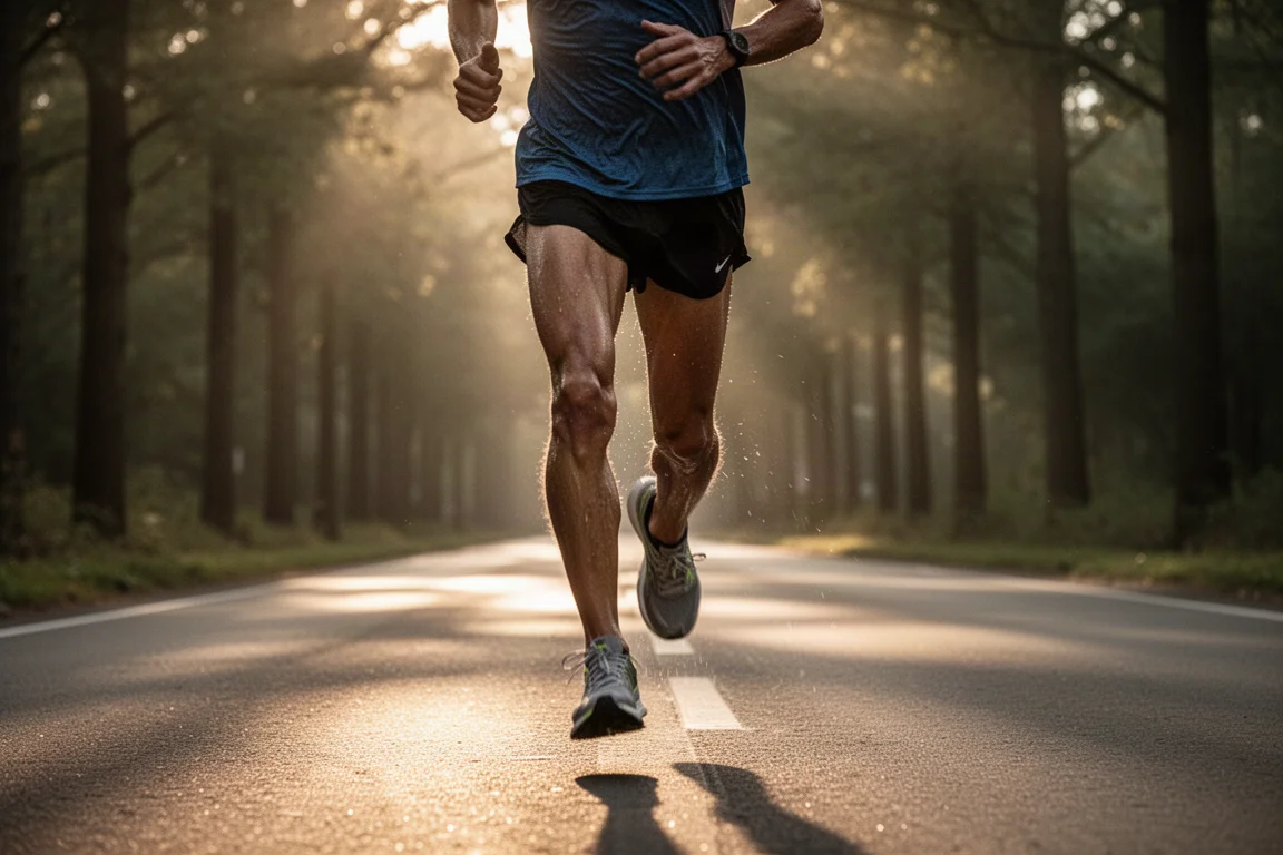 Hardloper doorloopt een zware tempo-inspanning op vermoeide benen laat in een training