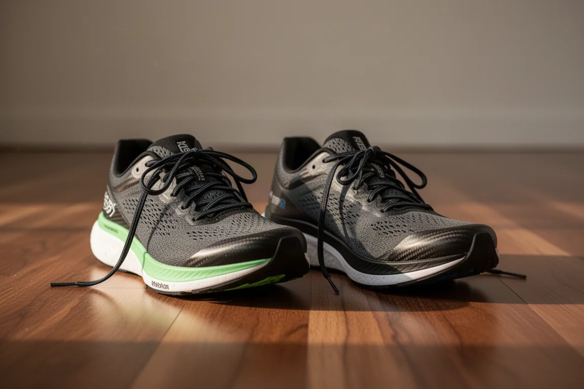 Twee racingschoenen liggen naast elkaar op een houten vloer na een hardlooptraining