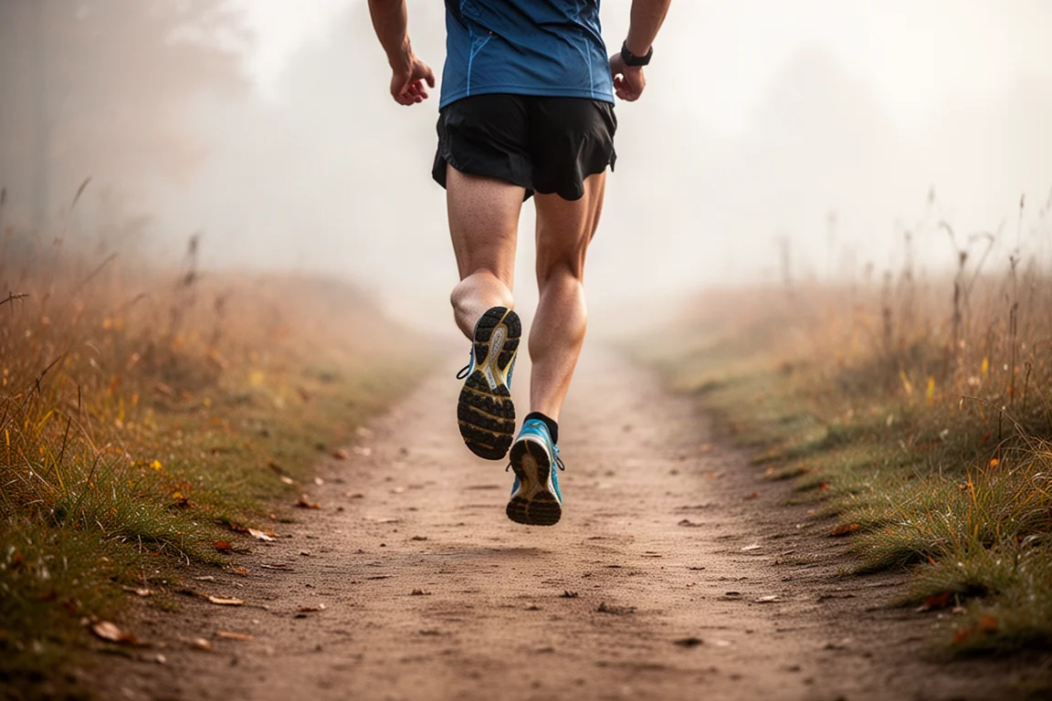 Trailrunner auf einem festen Waldweg im sanften Morgenlicht