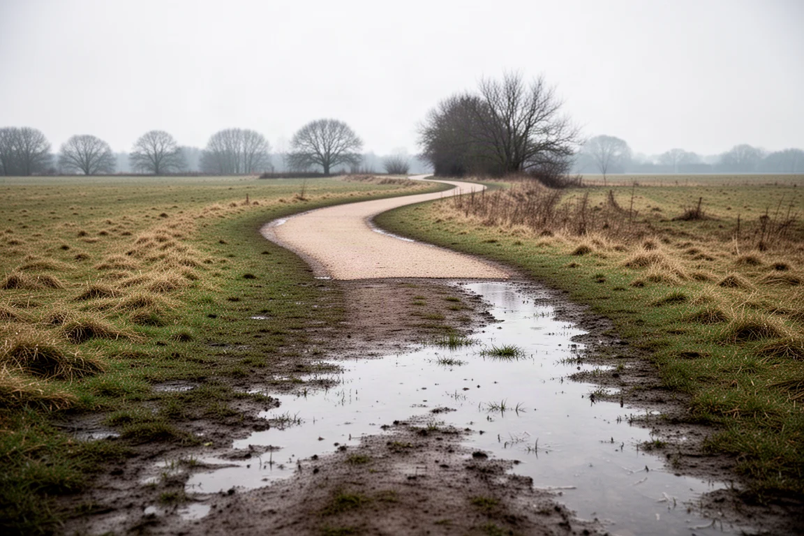 Pfad durch matschiges Wintergras mit stehendem Wasser