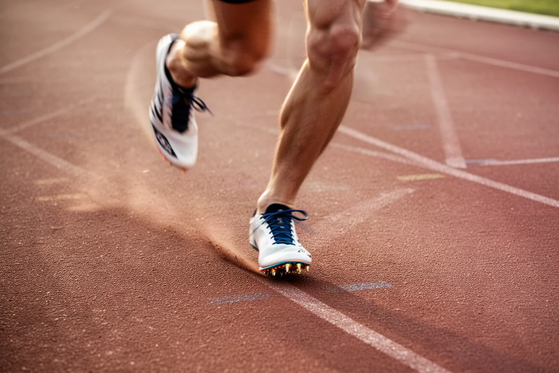 Pés de um corredor com cravas durante treino em uma pista macia e elástica