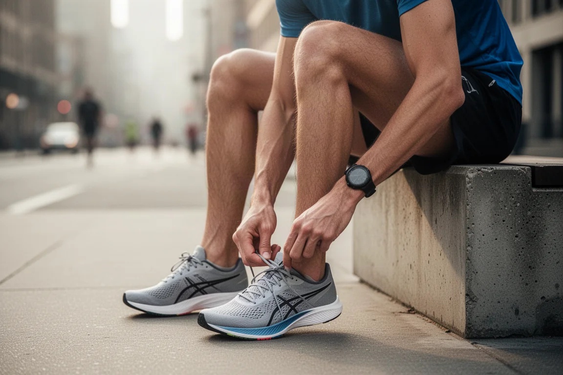 Läufer schnürt leichte Wettkampfschuhe vor einem Tempotraining