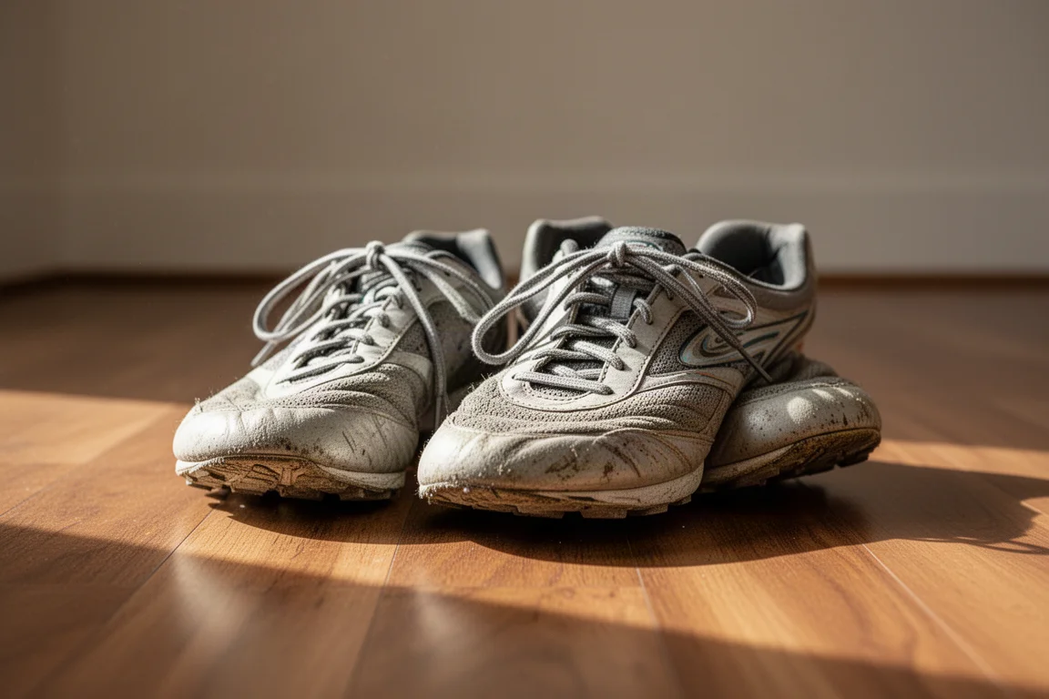 Abgetragenes Wettkampfschuhpaar nebeneinander auf einem Holzboden
