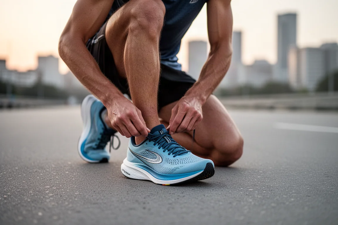 Runner lacing up a lightweight racing shoe on smooth tarmac before a session