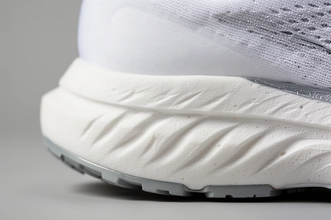 Close-up of ultra-soft white midsole foam showing creases and compression