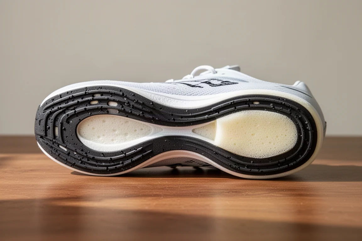 Thin exposed outsole rubber detail on the toe-off area of a racing shoe