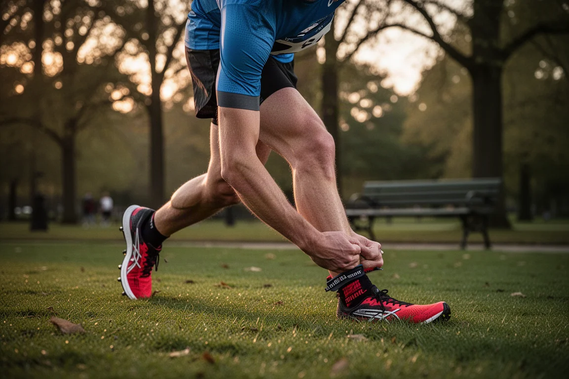 Atleta che si allunga dopo una gara sull'erba del parco nella luce soffusa della sera