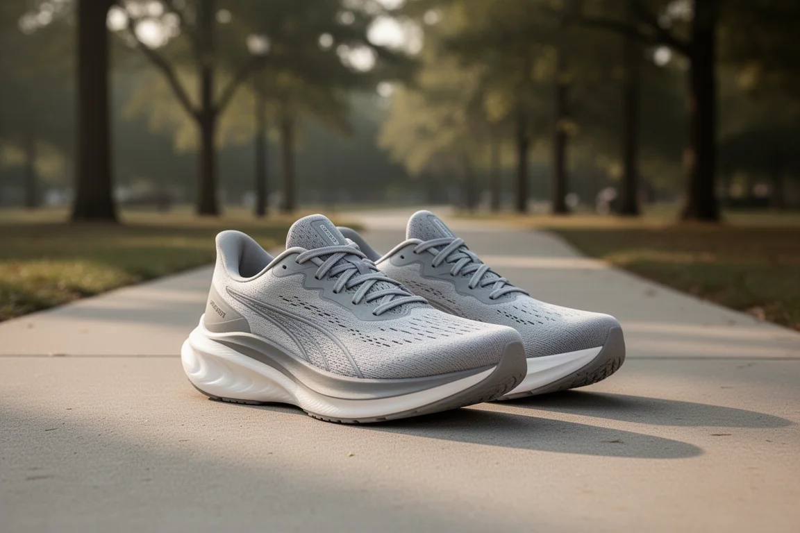 Pair of high-stack racing running shoes on a concrete park path
