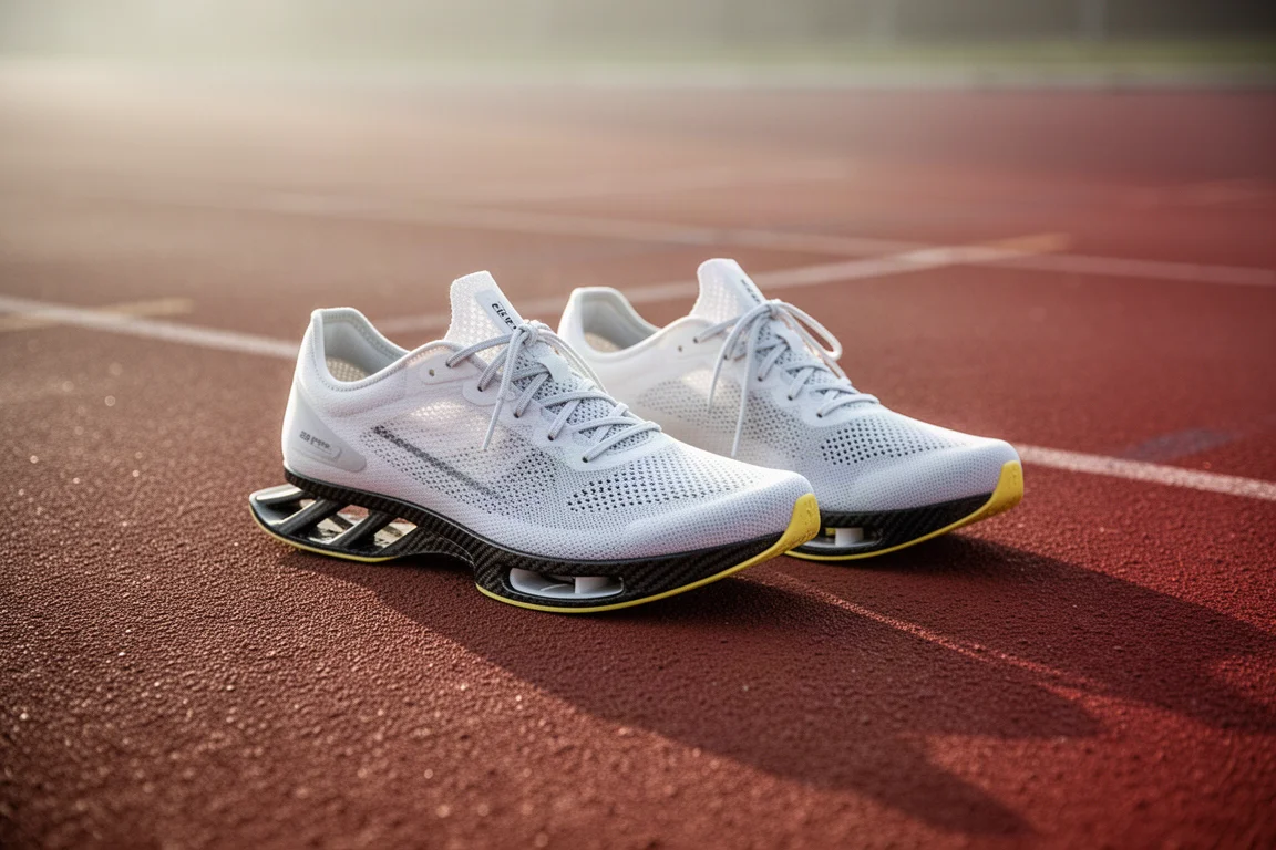 Pair of ultra-light carbon racing shoes resting on a running track