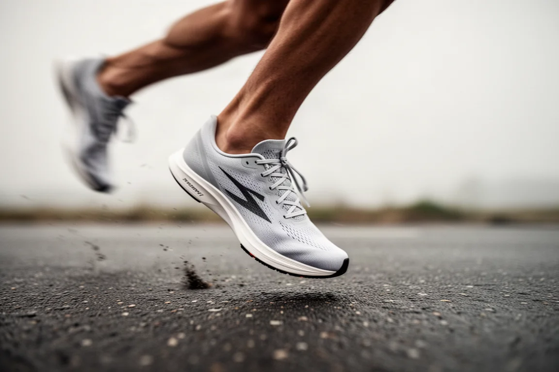 Close-up of a runner's foot strike on tarmac during a fast training run