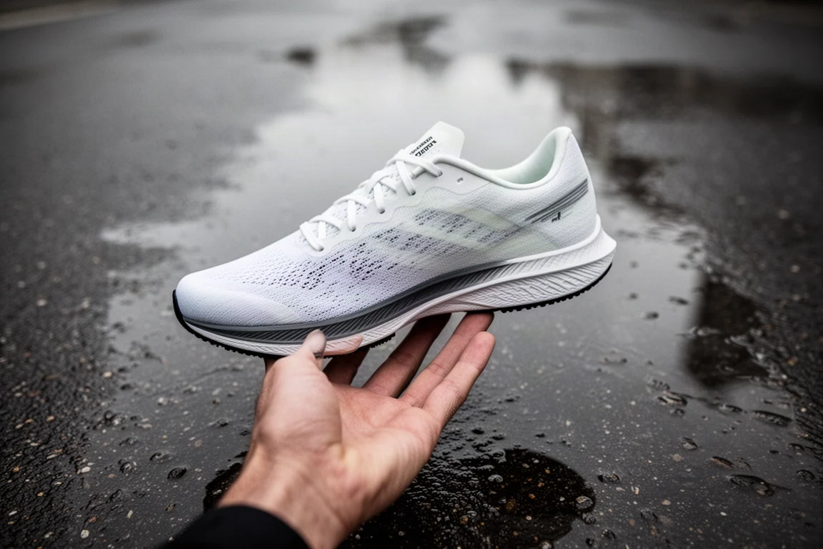 Racing shoe outsole being inspected for grip on wet pavement
