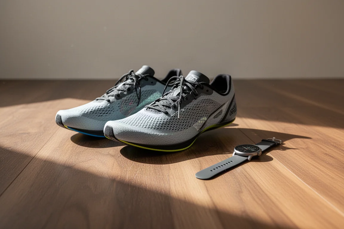 Paar minimalistischer Ultraleicht-Wettkampfschuhe auf Holzfußboden neben einer Laufuhr