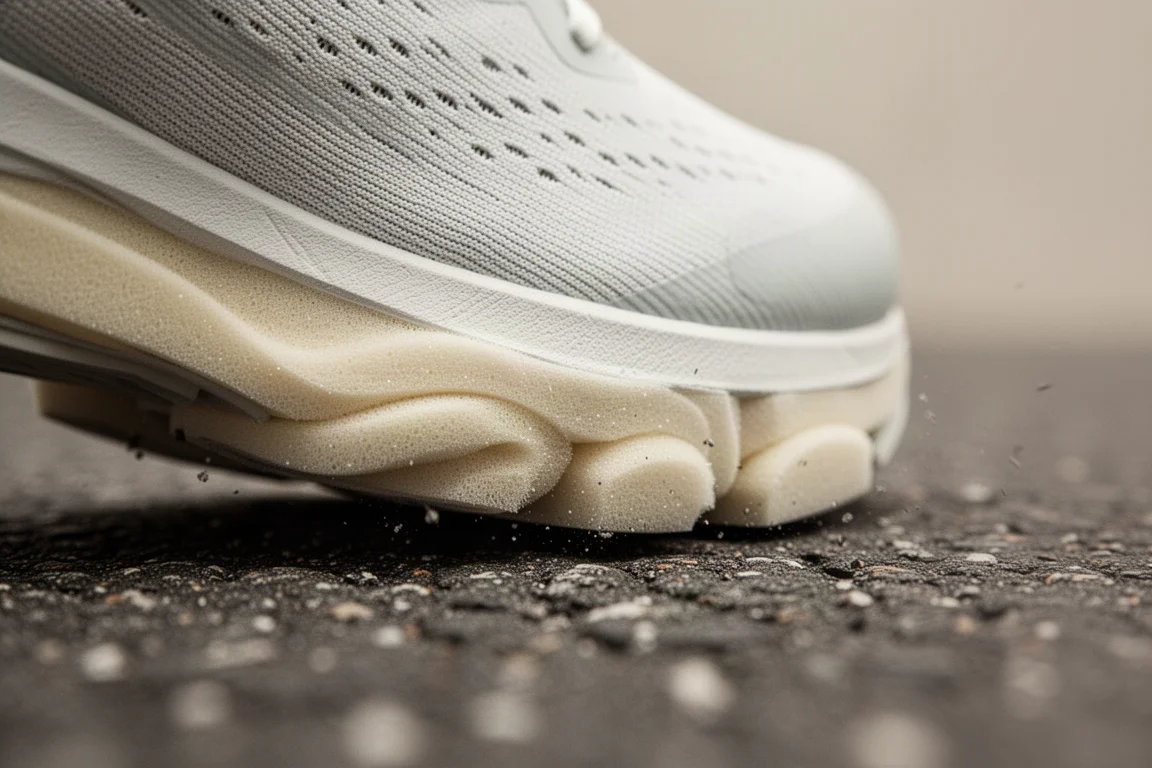 Nahaufnahme eines weichen weißen Schuhschaums, der sich auf Asphalt zusammendrückt