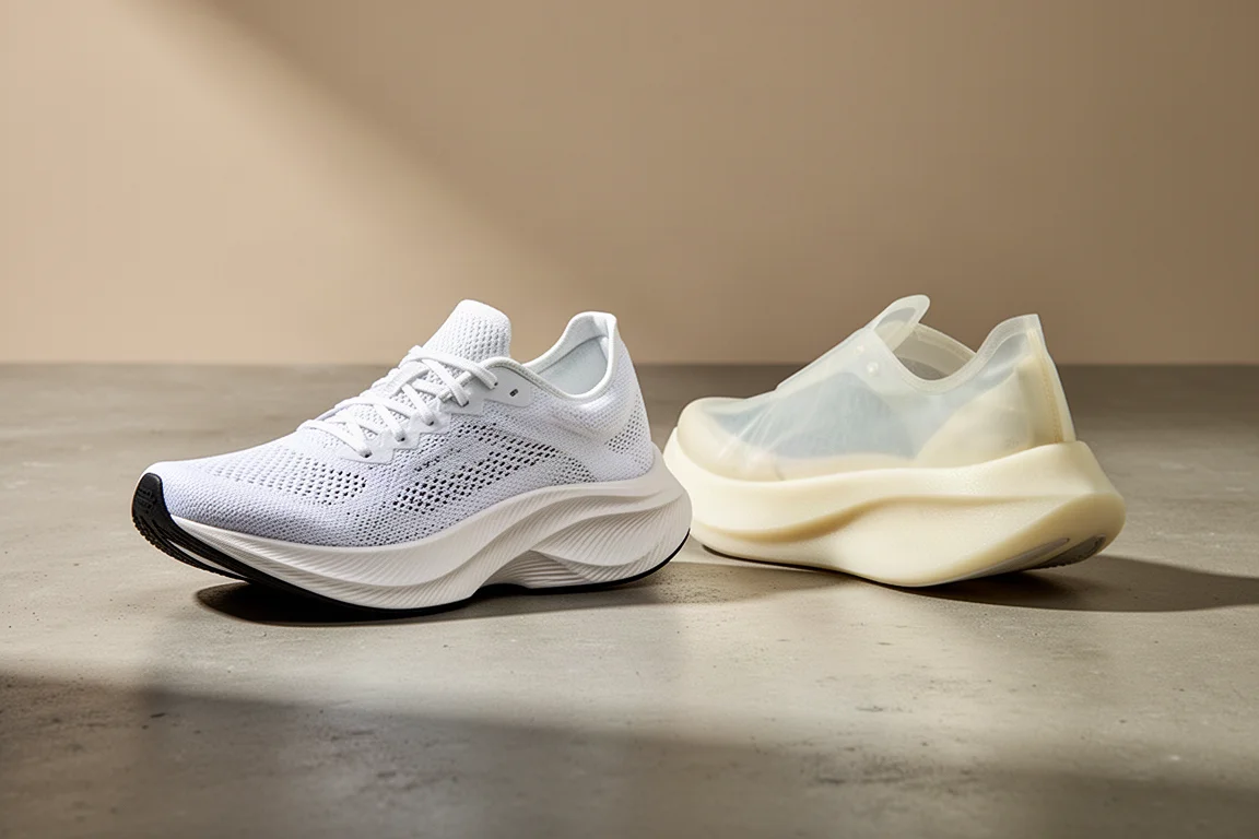 Zwei leichte Wettkampfschuhe nebeneinander auf einer Betonfläche