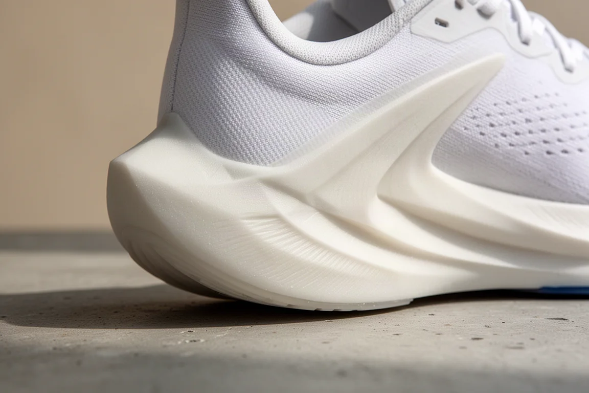 Close-up of a thick foam midsole with carbon plate construction