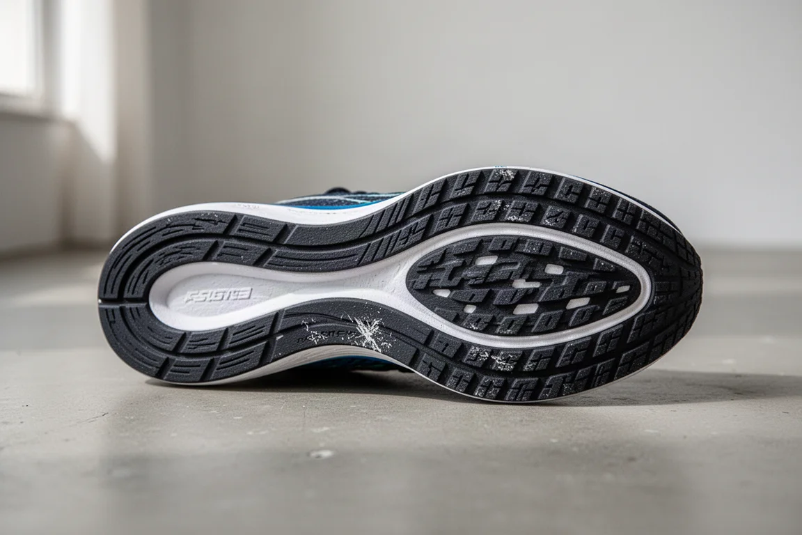 Worn outsole showing fine tread detail on a racing shoe