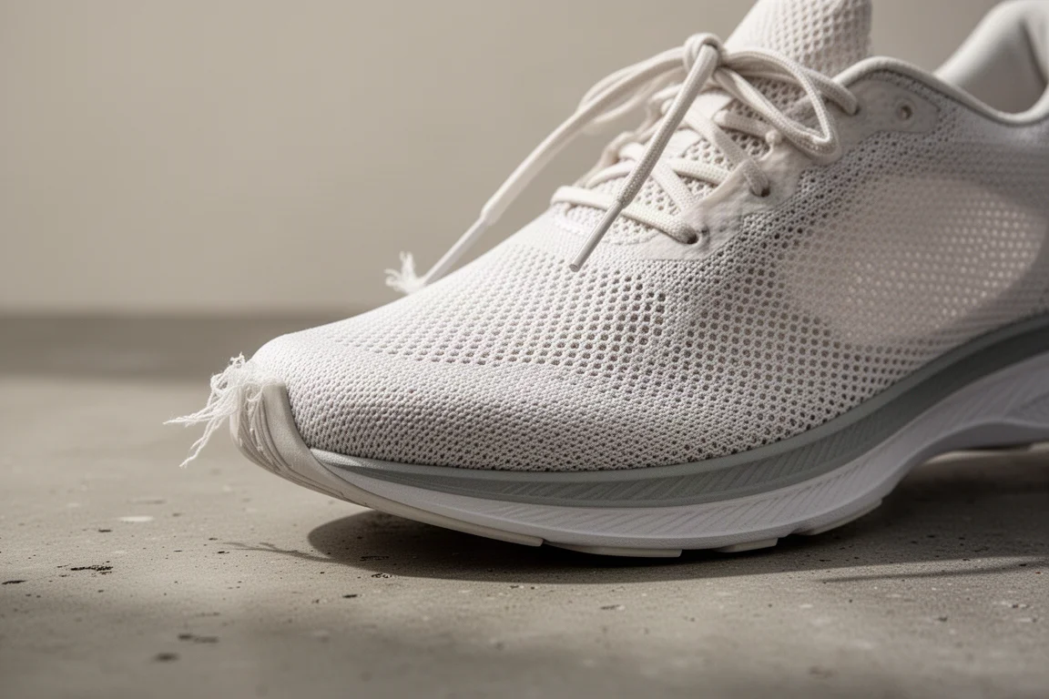 Breathable mesh upper of a racing shoe after many miles
