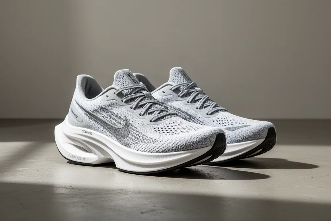 Pair of lightweight marathon racing shoes with tall foam midsole on concrete surface