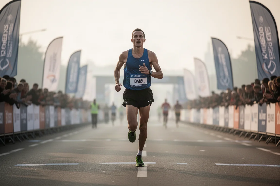 Corredor avançando por um percurso de maratona com plateias ao fundo