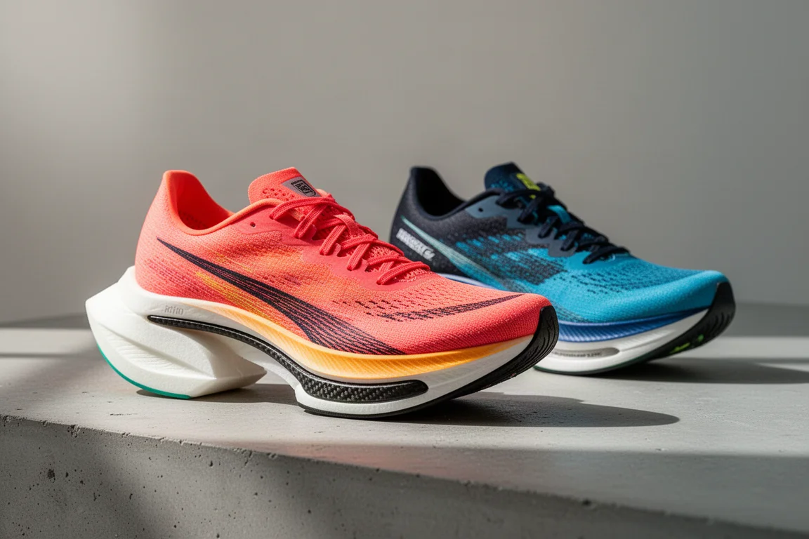 Two lightweight carbon-plated marathon racing shoes on a concrete surface