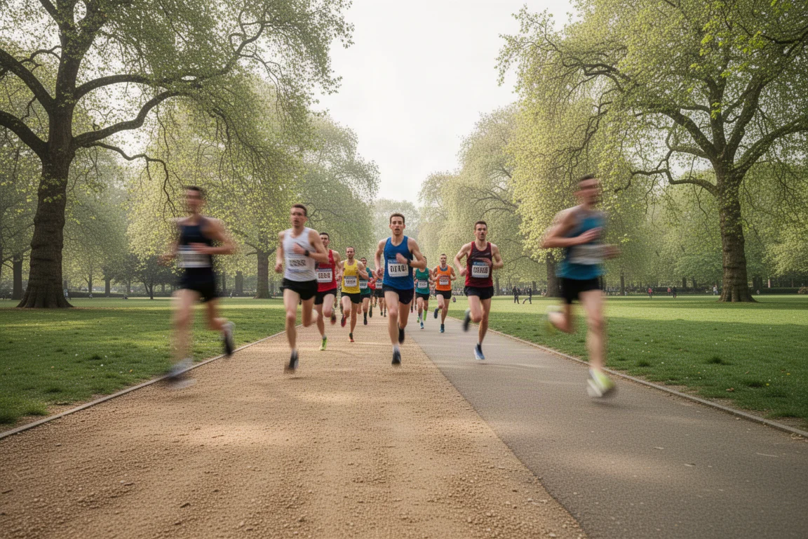 Runner in gara su un ampio viale pianeggiante del parco durante un evento 5K con cronometraggio a chip